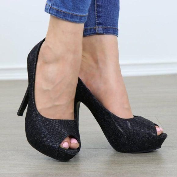 Peep Toe Platform Stiletto Glittery Fabric Heels - Picture 6 of 12